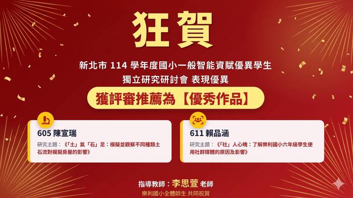 本校學生參加本市114學年度國小一般智能資賦優異學生獨立研究研討會表現優異